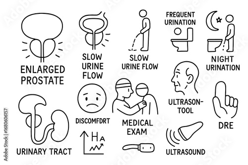 Prostate Health Icons. Hand-drawn doodle illustration enlarged prostate prostate gland, bladder pressure icon, slow urine flow,