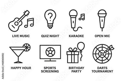 Pub Icons Collection. Outline icon set of pub events: live music, quiz night, karaoke, open mic, happy hour, sports screening,