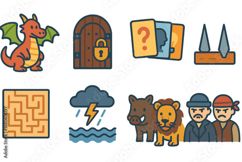 Quest Icons for Kids. Flat vector mini-illustrations quest challenges in colors children's illustrations: dragon, locked door,