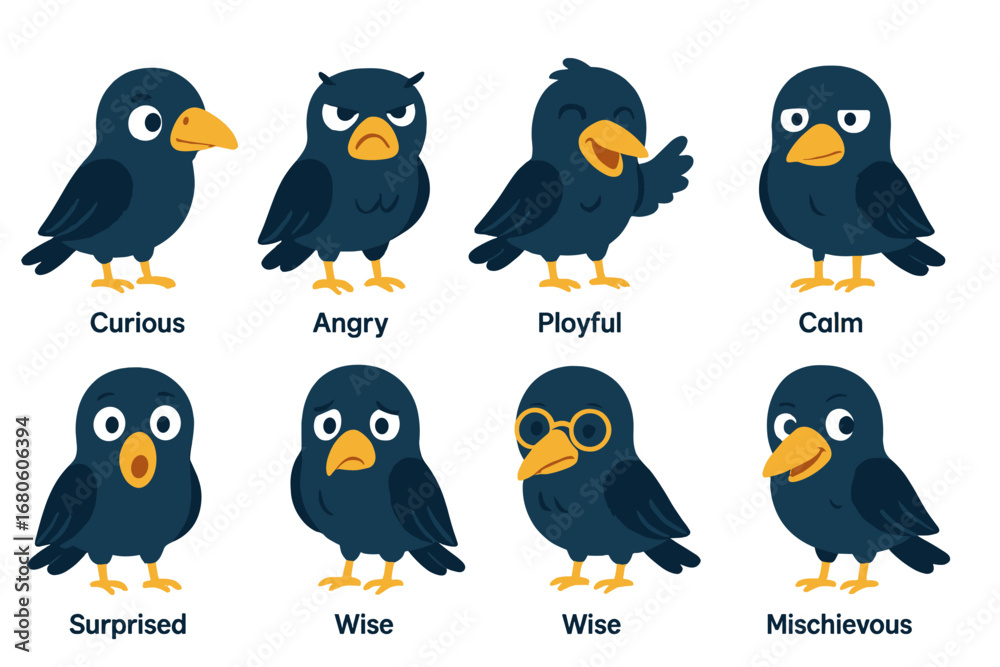 Obraz premium Raven Expressions Grid. Flat vector mini-illustrations raven expressions in colors children's illustrations: curious raven, angry