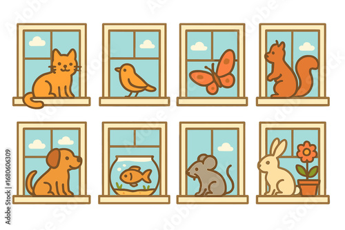 Window Wildlife Wonders. Flat vector mini-illustrations window scenes with animals in colors children's illustrations: cat on