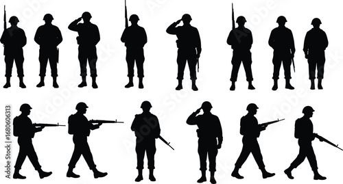 Military soldier silhouettes with rifles, marching army personnel, combat soldiers walking, armed forces salute, tactical troops, defense army vector set, military uniformed soldiers illustration