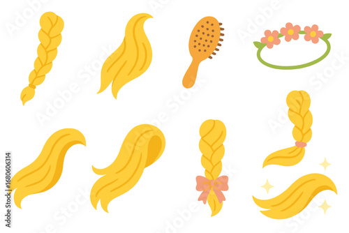 Rapunzel Hair Icons. Flat vector mini-illustrations Rapunzel hair elements in colors children's illustrations: long braid, golden