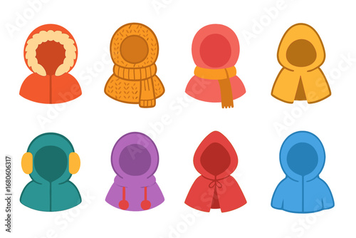 Winter Hoods and Scarves. Flat vector mini-illustrations winter hoods and scarves in colors children's illustrations: fur-lined