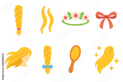 Rapunzel Hair Icons. Flat vector mini-illustrations Rapunzel hair elements in colors children's illustrations: long braid, golden