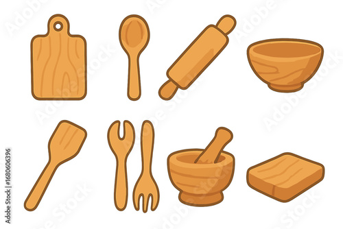 Wooden Kitchen Tools. Flat vector mini-illustrations wooden kitchen items in colors children's illustrations: cutting board,