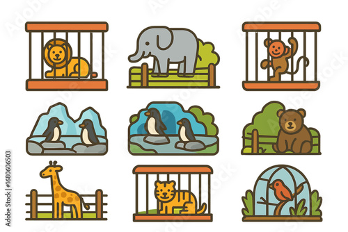 Zoo Enclosure Icons. Flat vector mini-illustrations zoo cages and enclosures in colors children's illustrations: lion cage,