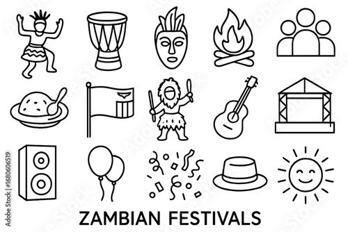 Zambian Festival Doodles. Hand-drawn doodle illustration Zambian festivals dance, drum, mask, fire, crowd, food, flag, costume,