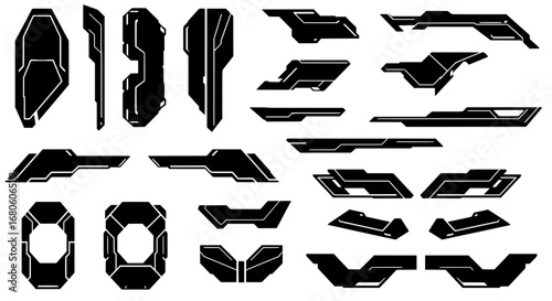 A large set of black sci-fi shapes for HUD and UI design. Modern futuristic technology vector graphic elements, isolated on white for easy use in projects.
