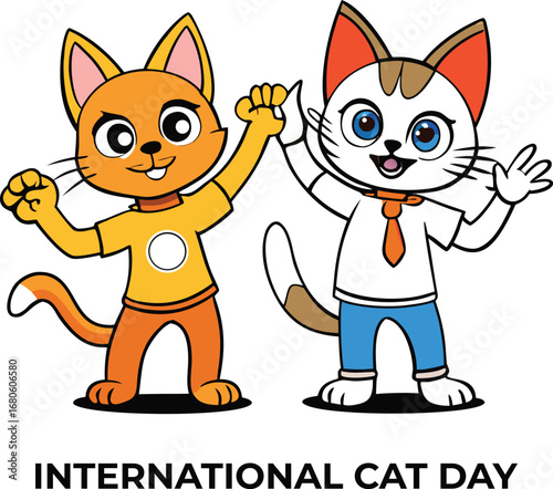 Charming cartoon feline friends celebrating together with a high five gesture of friendship