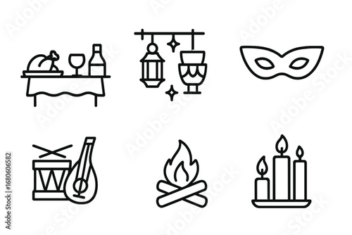 Renaissance Celebration Icons. Outline icon set of renaissance symbols: paintbrush, lyre, scroll, lute, mask, book, quill,