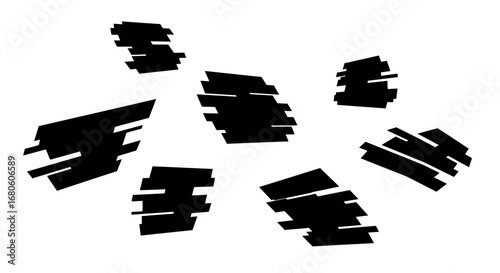 Set of dynamic fragmented geometric shapes and speed lines. Abstract black vector graphic design elements with a futuristic feel, isolated on white.