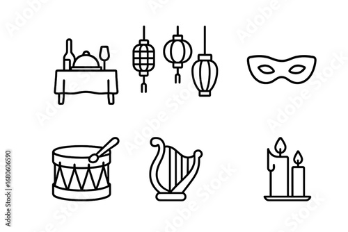 Renaissance Celebration Icons. Outline icon set of renaissance symbols: paintbrush, lyre, scroll, lute, mask, book, quill,