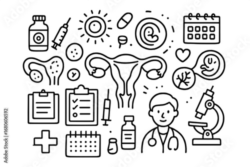 Reproductive Health Doodle. Hand-drawn doodle illustration fallopian tubes ovulation fallopian tubes, ovaries, egg cell, hormone