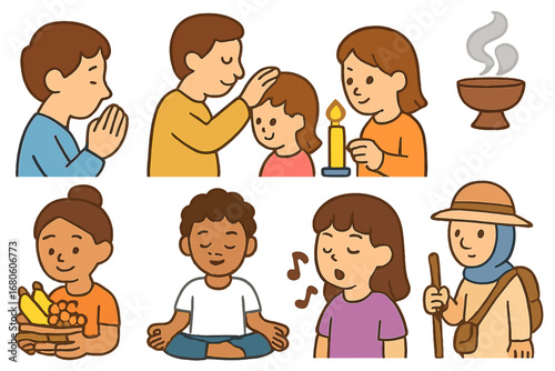 Rituals Illustrated for Children. Flat vector mini-illustrations hallowed rituals in colors children's illustrations: prayer,