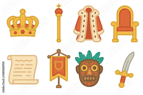 Royal Ceremony Icons. Flat vector mini-illustrations ceremonial ritual in colors children's illustrations: royal crown, scepter,