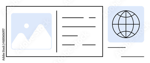 Simplified document template with a scenic placeholder image and globe outline. Ideal for global communication, document design, digital file sharing, localization concepts, templates, organization