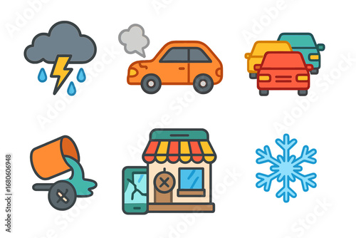 Ruined Plans Icons. Flat vector mini-illustrations ruined plans causes in colors children's illustrations: storm cloud, broken car