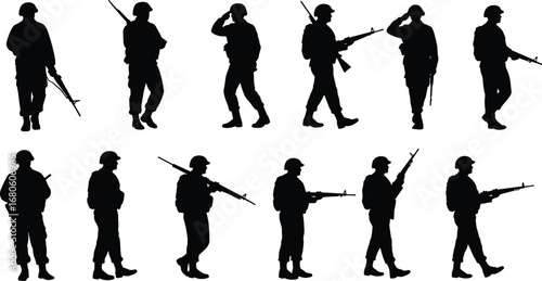 Military soldier silhouette vector set, armed forces walking, soldiers with rifles, army personnel marching, combat readiness, tactical troops, defense forces, military clipart collection