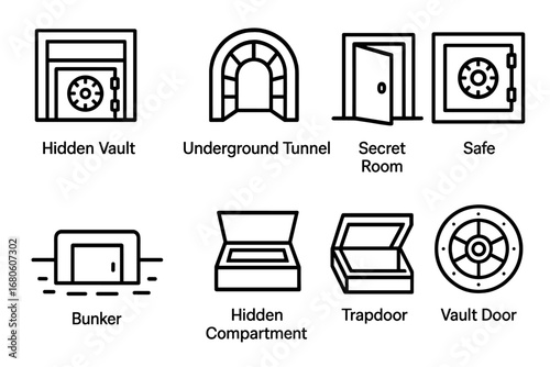 Secret Icons Collection. Outline icon set of secret places: hidden vault, underground tunnel, secret room, safe, bunker, hidden