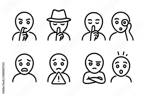Secret Emotions Icons. Outline icon set of secret emotions: suspicion, secrecy, silence, curiosity, fear, caution, distrust,