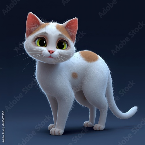 A charming, digitally rendered kitten, showcasing soft fur and expressive eyes, stands poised against a deep navy backdrop.