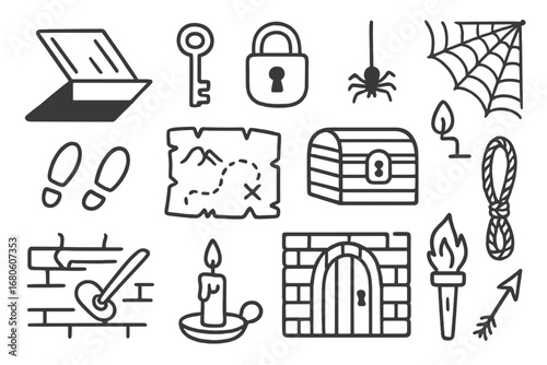 Secret Trapdoor Icons. Hand-drawn doodle illustration hidden trapdoor trapdoor, key, lock, hidden lever, shadow, footprints, map,