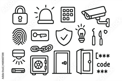 Security System Icons. Hand-drawn doodle illustration lock security system alarm bell, keypad, padlock, security camera,