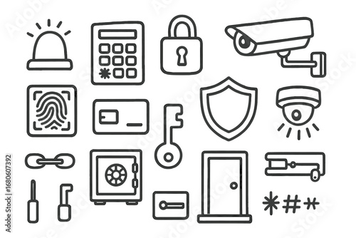 Security System Icons. Hand-drawn doodle illustration lock security system alarm bell, keypad, padlock, security camera,