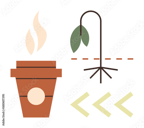 Withered plant next to leafless pot showing new potential. Ideal for growth, rejuvenation, sustainability, environmental care, decision-making, change, resilience. Simple flat metaphor