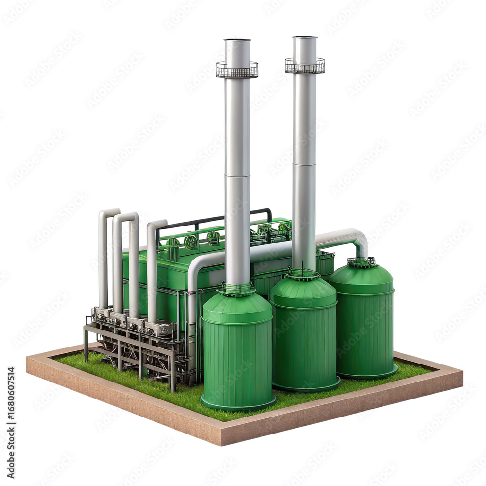 Fototapeta premium biomass energy production Industrial processing facility with green storage tanks and metallic pipes.
