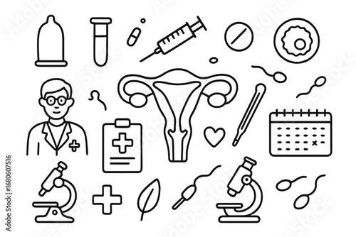 Sexual Health Doodle Icons. Hand-drawn doodle illustration reproductive system sexual health condom, test tube, syringe, pill,