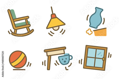 Shaking Objects Grid. Flat vector mini-illustrations shaking objects in colors children's illustrations: rocking chair, swinging