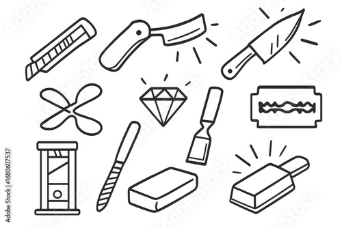 Sharp Tools Illustrated. Hand-drawn doodle illustration cutting edge blade, razor, knife, scissors, sharpness, light rays, metal,