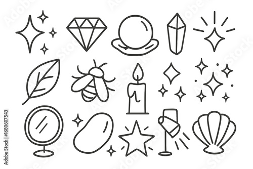 Shimmering Doodle Collection. Hand-drawn doodle illustration shimmering luster sparkle, diamond, pearl, crystal, light rays, shiny