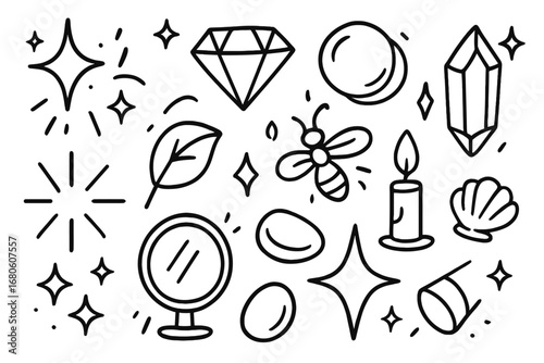 Shimmering Doodle Collection. Hand-drawn doodle illustration shimmering luster sparkle, diamond, pearl, crystal, light rays, shiny
