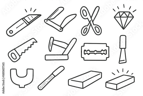Sharp Tools Illustrated. Hand-drawn doodle illustration cutting edge blade, razor, knife, scissors, sharpness, light rays, metal,