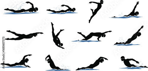 Swimming athlete silhouette vector set, freestyle swimmers, diving motion, underwater moves, sport activity, splash effect, swim training poses, aquatic sports illustration icons