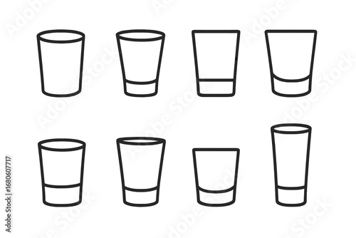 Shot Glass Icons. Outline icon set of shot glass shapes: cylindrical shot, tapered shot, square base, round base, thick bottom,