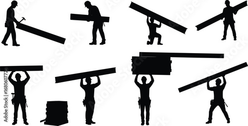 Construction worker silhouette vector set, carrying beams, lifting wood, hammering, building labor poses, carpenter tool belt, construction site action, worker illustration design