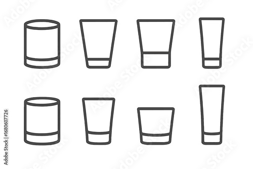 Shot Glass Icons. Outline icon set of shot glass shapes: cylindrical shot, tapered shot, square base, round base, thick bottom,