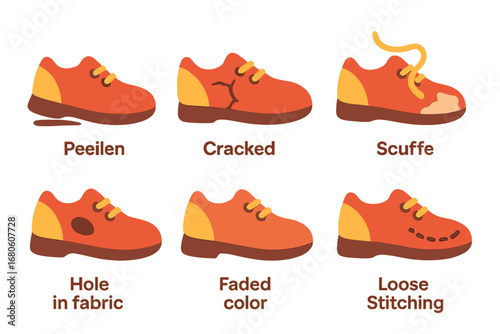 Shoe Wear Icons. Flat vector mini-illustrations shoe aging signs in colors children's illustrations: peeling sole, cracked leather