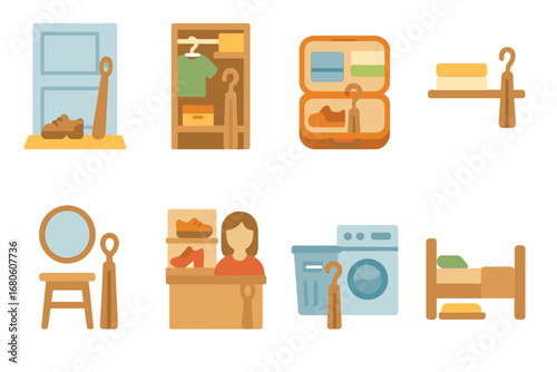 Shoehorn Daily Scenes. Flat vector mini-illustrations shoehorn in daily life in colors children's illustrations: shoehorn by door,