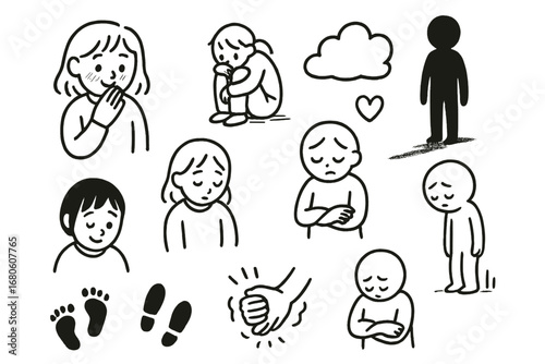 Shy and Indecisive Doodles. Hand-drawn doodle illustration bashfulness blushing cheeks, shy smile, curled up posture, whispering