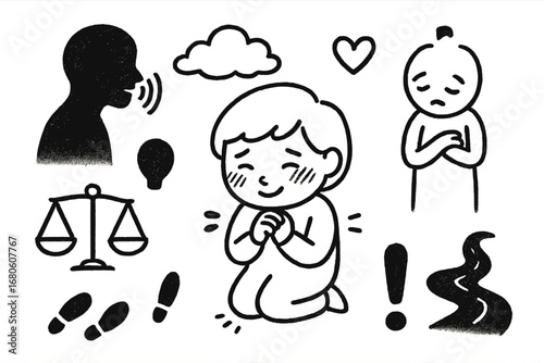 Shy and Indecisive Doodles. Hand-drawn doodle illustration bashfulness blushing cheeks, shy smile, curled up posture, whispering