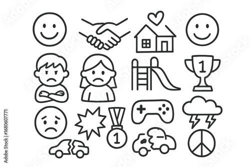 Sibling Harmony Icons. Hand-drawn doodle illustration siblings rivalry resolution handshake, smiley faces, heart, family house,