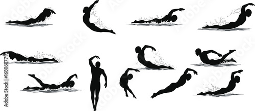 Swimming silhouette vector collection, swimmers diving, freestyle strokes, underwater moves, splash effects, athletic motion, water sports icon set, swim training pose illustrations