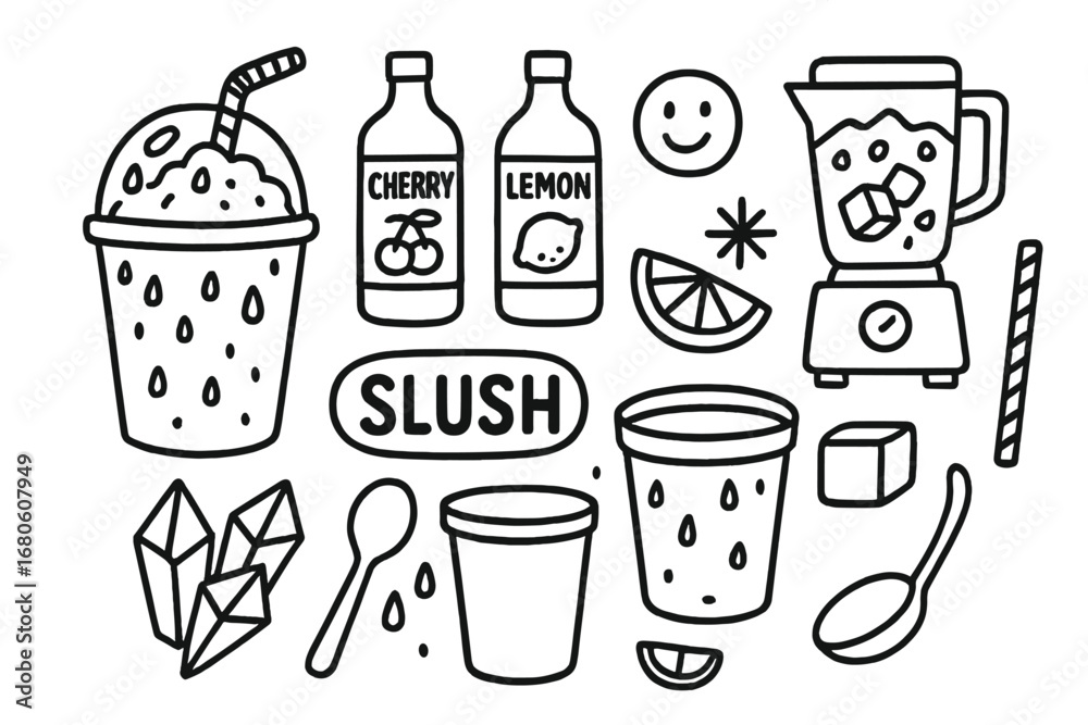 Obraz premium Slush Doodle Icons. Hand-drawn doodle illustration flavored slush varieties slush cup, syrup bottles, fruit slices, ice crystals,