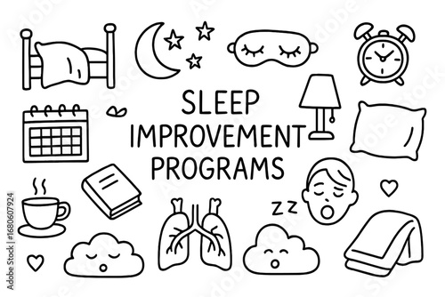 Sleep Essentials Doodle. Hand-drawn doodle illustration Sleep improvement programs bed, moon, stars, sleep mask, alarm clock,
