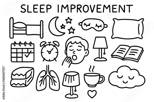 Sleep Essentials Doodle. Hand-drawn doodle illustration Sleep improvement programs bed, moon, stars, sleep mask, alarm clock,